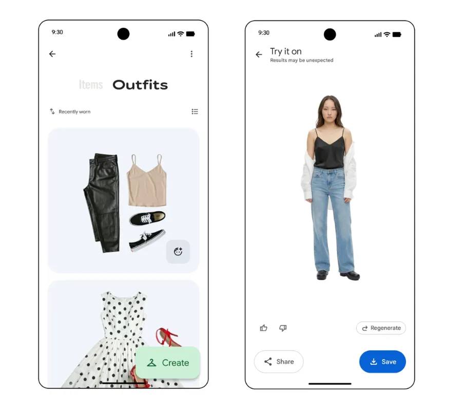 Screenshots of the Google Photos wardrobe feature