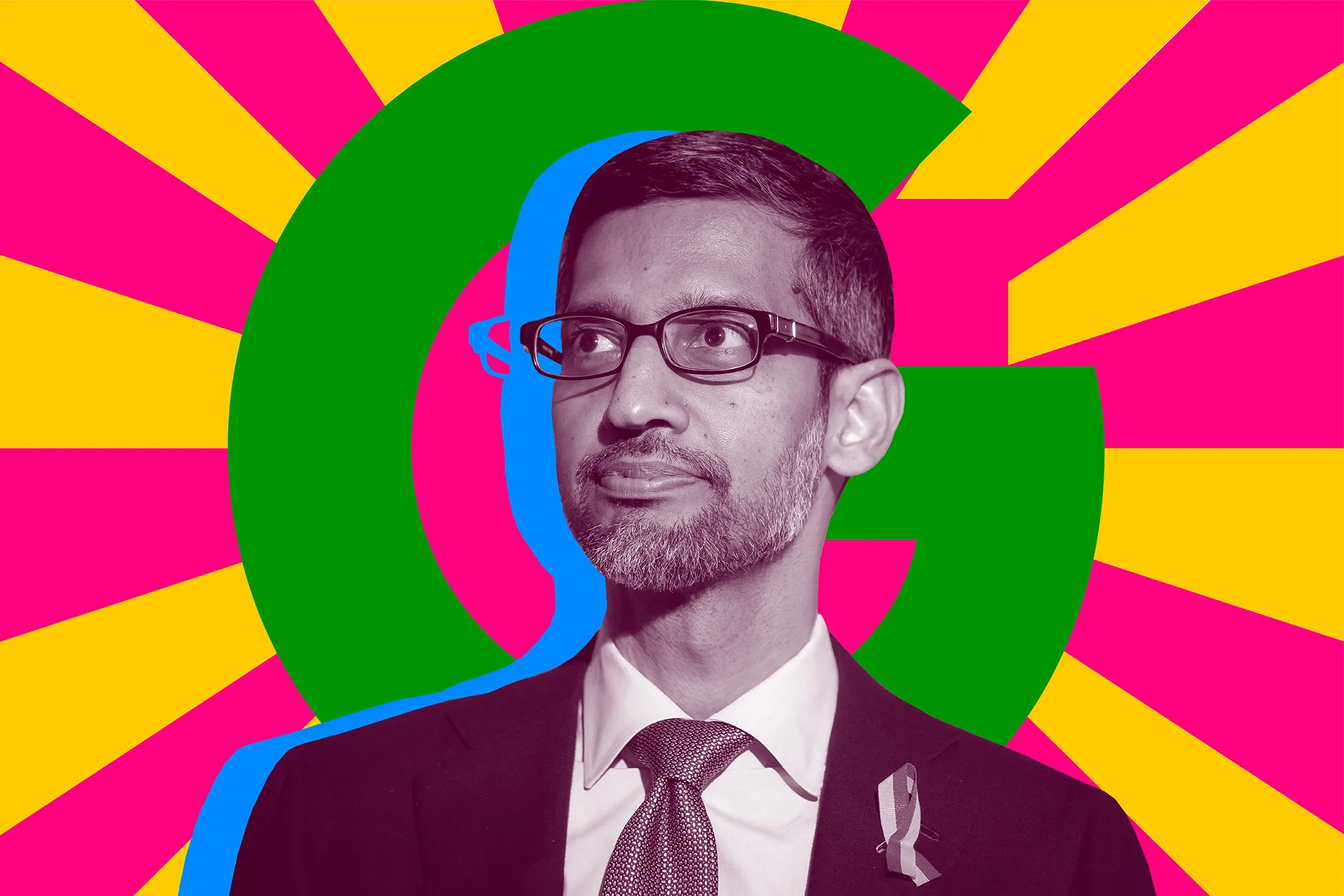 Sundar Pichai in front of Google logo